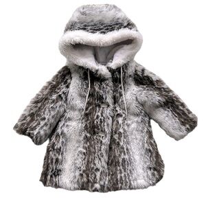 Vintage Girl Toddler Faux Fur Coat Brown/White Animal Print Hood Size‎ 2T